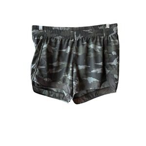 Athleta Printed Mesh Racer Run Shorts 4"‎ Camo Size Large Gray Olive Green
